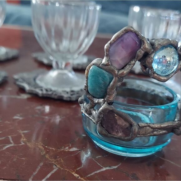 Vtg Handforged Trinket Dish Rustic Semi Precious Stones Fairy Art - Picture 4 of 8